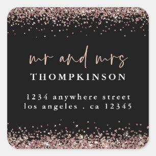 Rose Gold Glitter Mr Mrs Name Return Address Black Square Sticker