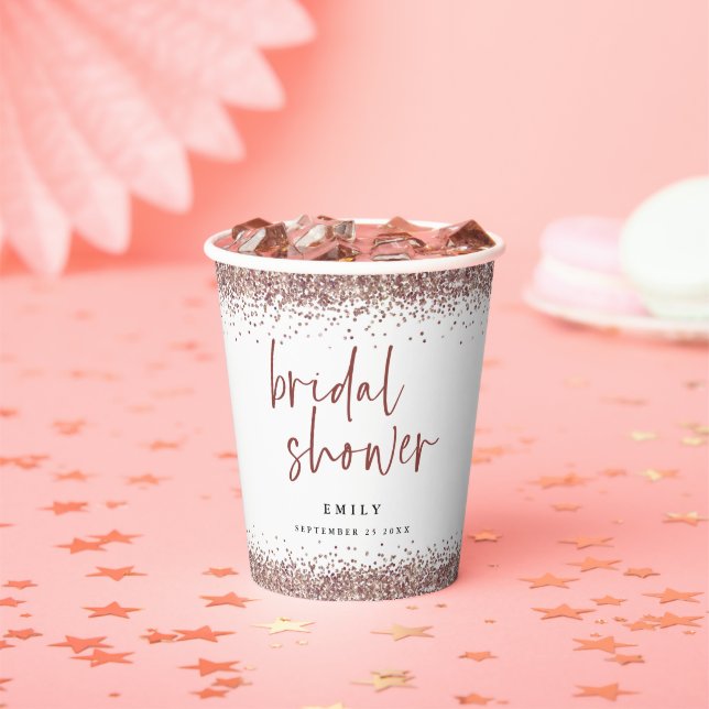 Rose Gold Glitter Name Bridal Shower White Paper Cups (Insitu)