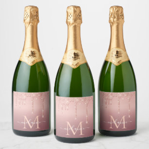 Rose Gold Glitter Name Letter Sparkling Wine Label