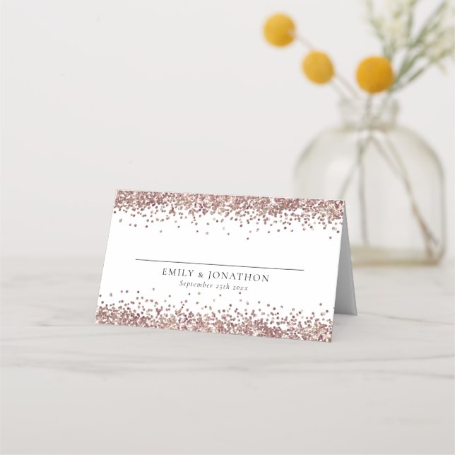 Rose Gold Glitter Names Date Wedding Place Card (Front)