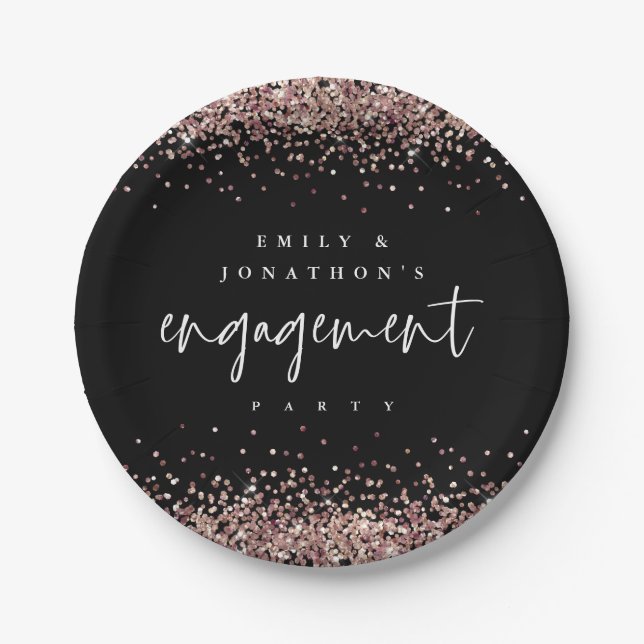 Rose Gold Glitter Names Engagement Party Black Paper Plate (Front)