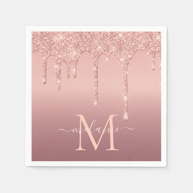 Rose Gold Glitter Napkins with Custom Letter Name (Front)