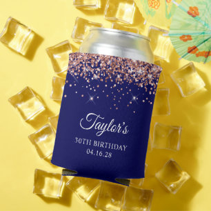 Rose Gold Glitter Navy Blue 30th Birthday Can Cooler