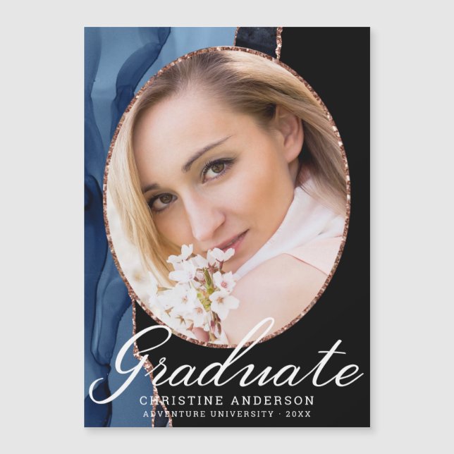 Rose Gold Glitter Navy Blue Agate Photo Graduation (Front)