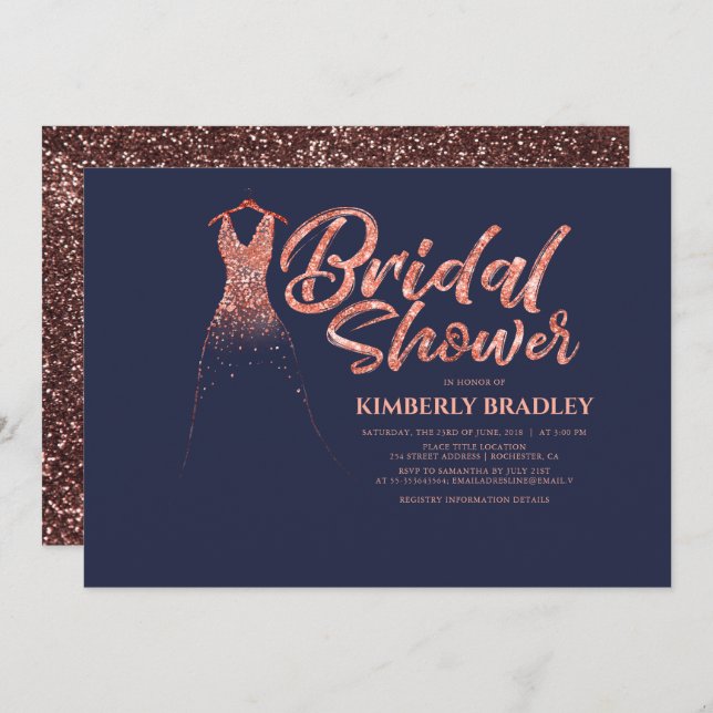 Rose Gold Glitter Navy Blue Bridal Shower Invitation (Front/Back)