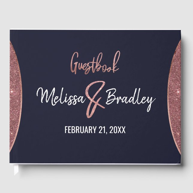 Rose Gold Glitter Navy Blue Circular Guestbook (Front)