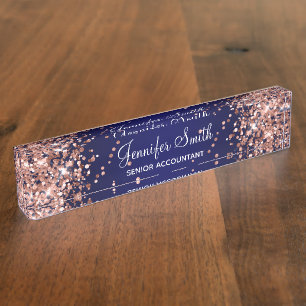 Rose Gold Glitter Navy Blue Gradient Nameplate