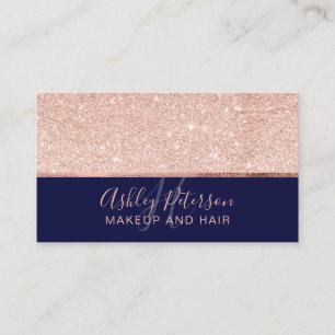 Rose gold glitter navy blue hair makeup monogram business card