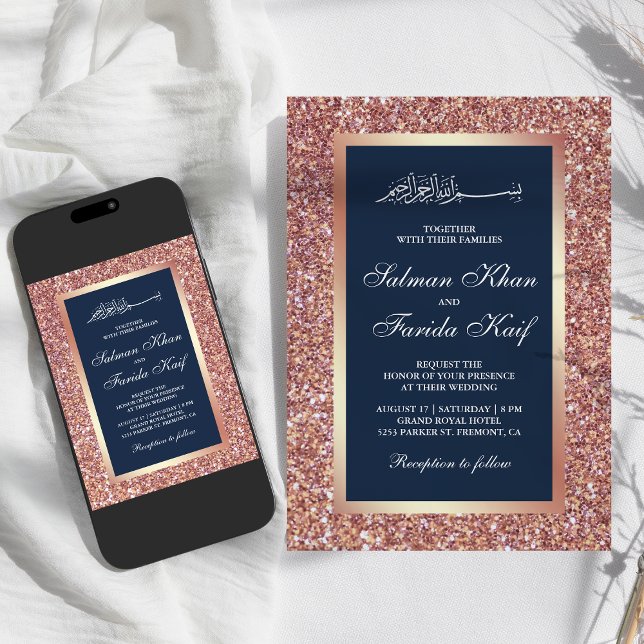 Rose Gold Glitter Navy Blue Islamic Muslim Wedding Invitation (Creator Uploaded)