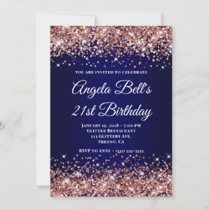 Rose Gold Glitter Navy Blue Ombre 21st Birthday Invitation
