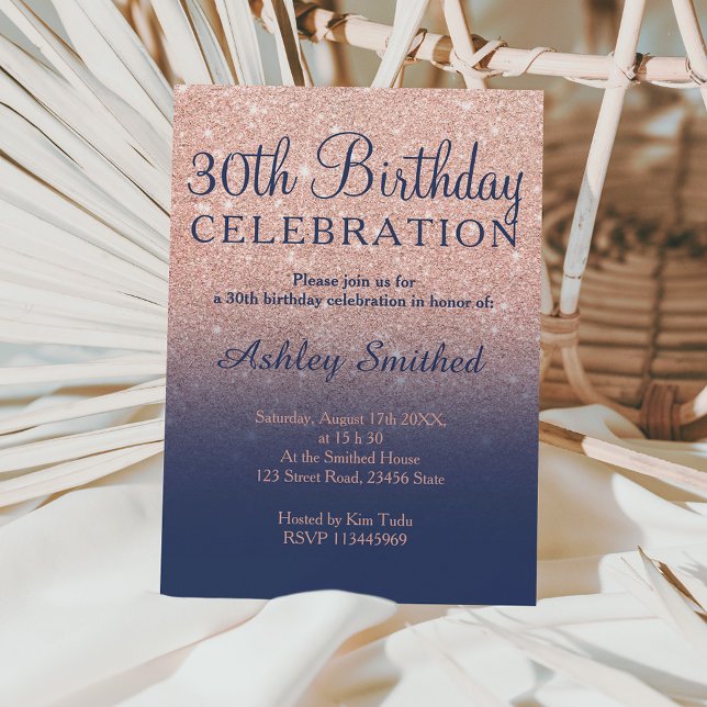 Rose gold glitter navy blue ombre 30th birthday invitation (Creator Uploaded)