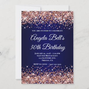 Rose Gold Glitter Navy Blue Ombre 30th Birthday Invitation