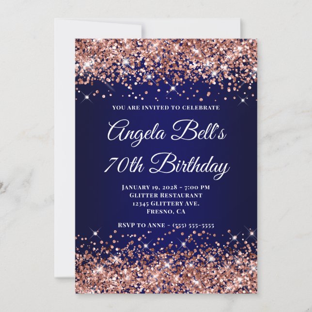 Rose Gold Glitter Navy Blue Ombre 70th Birthday Invitation (Front)