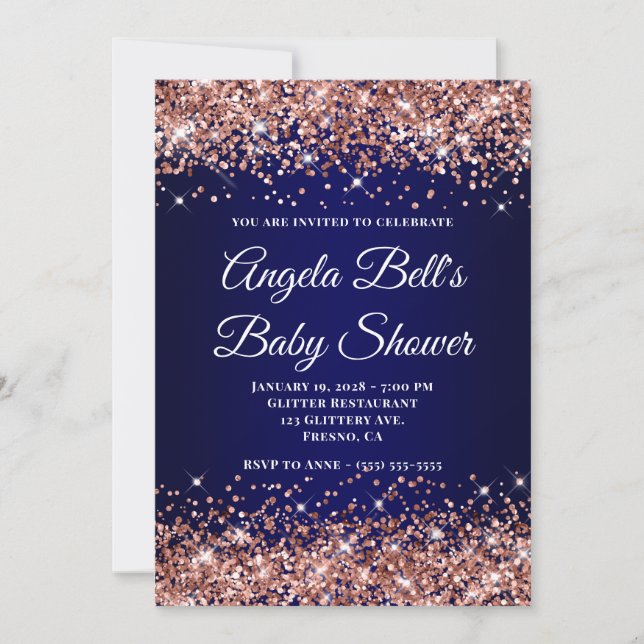 Rose Gold Glitter Navy Blue Ombre Baby Shower Invitation (Front)