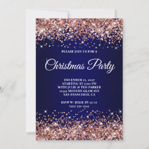 Rose Gold Glitter Navy Blue Ombre Christmas Party Invitation
