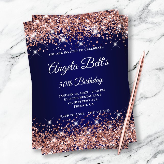 Rose Gold Glitter Navy Blue Ombre Fancy Monogram Invitation (Creator Uploaded)