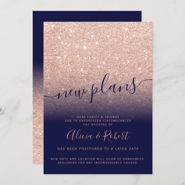 Rose gold glitter navy blue postponed new plans invitation (Front/Back)