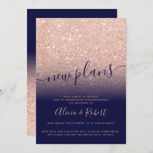Rose gold glitter navy blue postponed new plans invitation