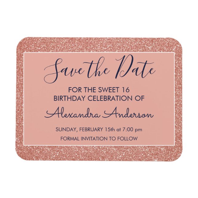 Rose Gold Glitter Navy Blue Sweet 16 Save the Date Magnet (Horizontal)