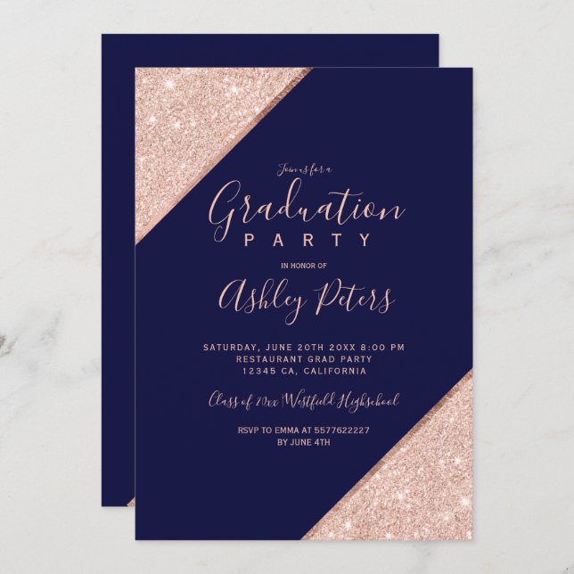 Rose gold glitter navy blue typography graduation invitation (Front/Back)