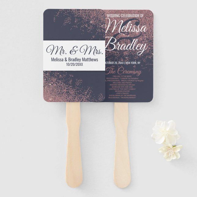 Rose Gold Glitter Navy Blue Wedding Programs Hand Fan (Front and Back)