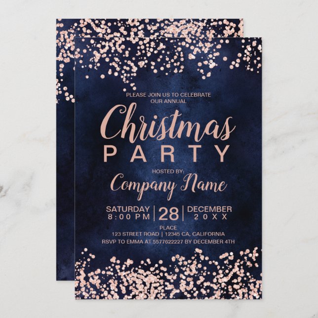 Rose gold glitter navy corporate Christmas party Invitation (Front/Back)