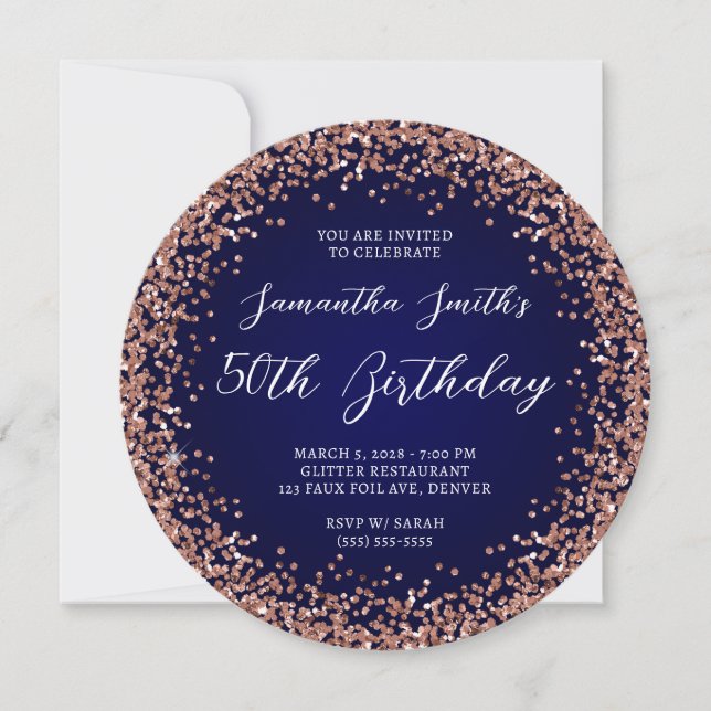 Rose Gold Glitter Navy Ombre 50th Birthday Invitation (Front)