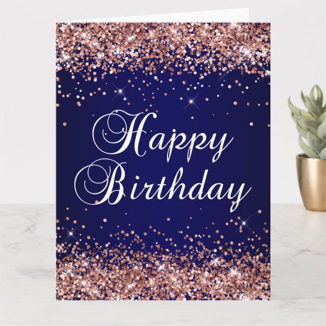 Rose Gold Glitter Navy Ombre Happy Birthday Big Card (Small Plant)