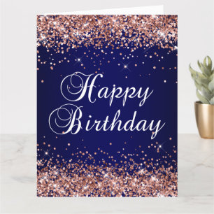 Rose Gold Glitter Navy Ombre Happy Birthday Big Card