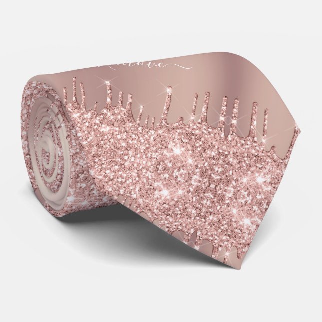 Rose Gold Glitter Neck Tie with Custom Text (Rolled)