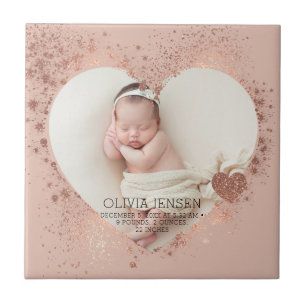 Rose Gold Glitter Newborn Photo Birth Stats  Ceramic Tile
