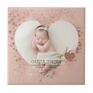 Rose Gold Glitter Newborn Photo Birth Stats  Ceramic Tile