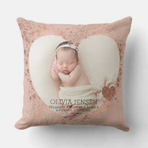 Rose Gold Glitter Newborn Photo Birth Stats Cushion