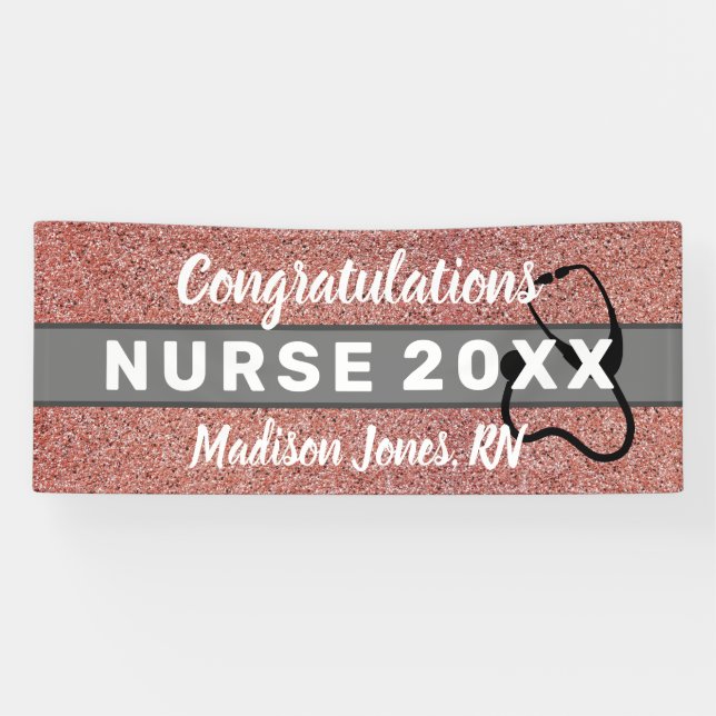 Rose Gold Glitter Nurse Graduation Class Year Name Banner (Horizontal)