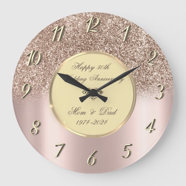 Rose Gold Glitter Ombre 50th Wedding Anniversary Large Clock (Front)
