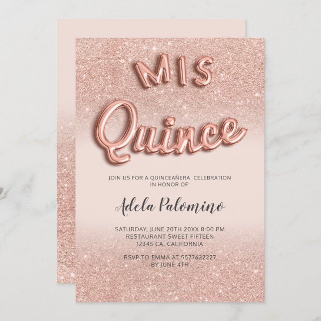 Rose gold glitter ombre balloons blush Quinceañera Invitation (Front/Back)