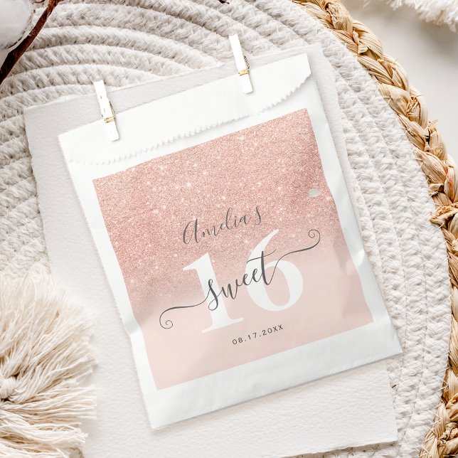 Rose gold glitter ombre blush pink script Sweet 16 Favour Bag (Rose gold glitter ombre blush pink script Sweet 16 Favor Bag)