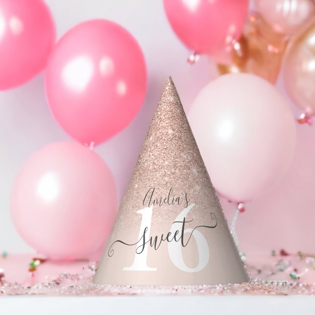 Rose gold glitter ombre blush pink script Sweet 16 Party Hat (Rose gold glitter ombre blush pink script Sweet 16 Party Hat)