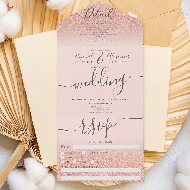 Rose gold glitter ombre blush pink script wedding all in one invitation (Creator Uploaded)