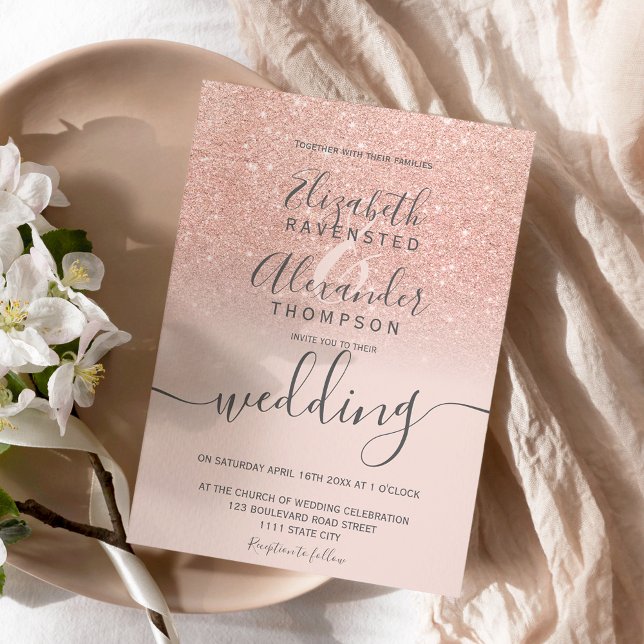 Rose gold glitter ombre blush script chic wedding invitation (Creator Uploaded)