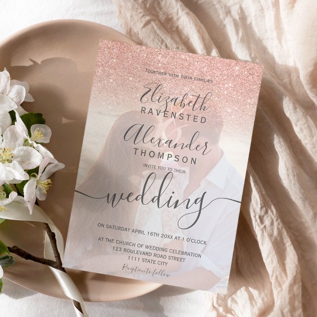 Rose gold glitter ombre blush script photo wedding invitation (Creator Uploaded)