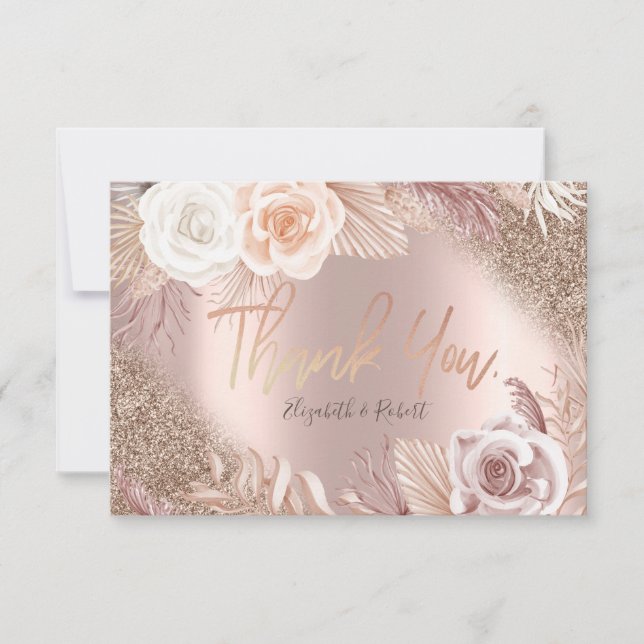  Rose Gold Glitter Ombre Boho Flowe Thank You Card (Front)