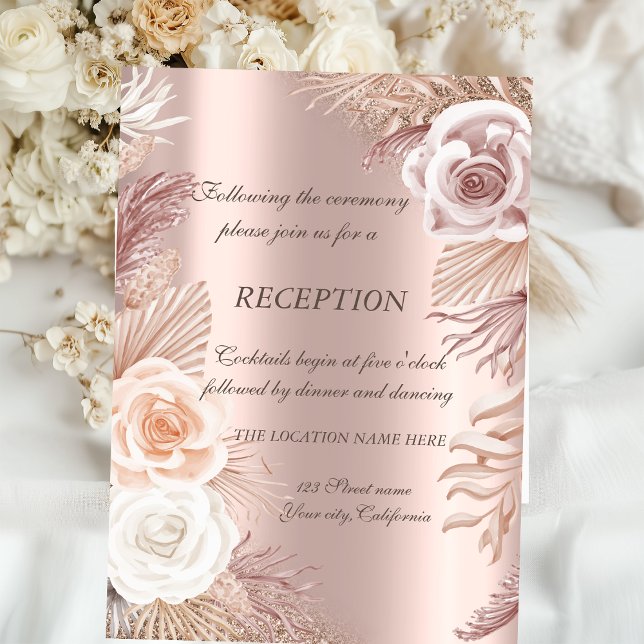  Rose Gold Glitter Ombre Boho Flowers Reception  Invitation (Creator Uploaded)