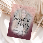 Rose gold glitter ombre burgundy photo Sweet 16 Invitation<br><div class="desc">A modern,  pretty faux rose gold glitter shower ombre with burgundy colour block Sweet 16 birthday party invitation with your custom photo with rose gold ombre pattern fading onto a burgundy background.</div>