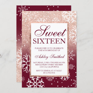 Rose gold glitter ombre burgundy snow Sweet 16 Invitation