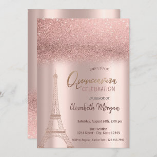 Rose Gold Glitter Ombre, Eiffel Tower Quinceanera  Invitation