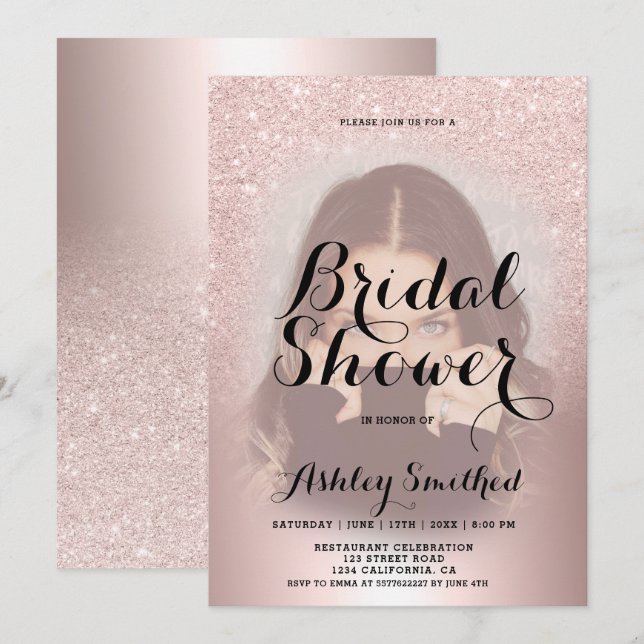 Rose gold glitter ombre foil photo bridal shower invitation (Front/Back)