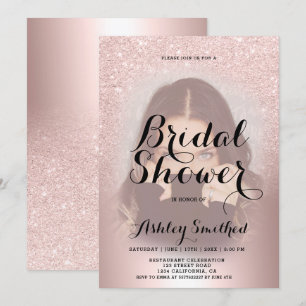Rose gold glitter ombre foil photo bridal shower invitation