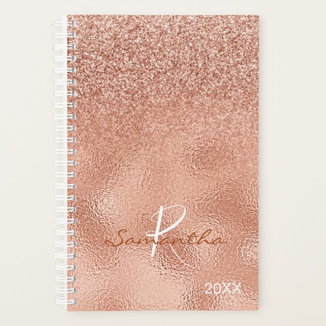 Rose Gold Glitter Ombre Foil Yearly Monogram Planner (Front)