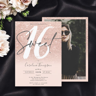 Rose gold glitter ombre font blush photo Sweet 16 Invitation